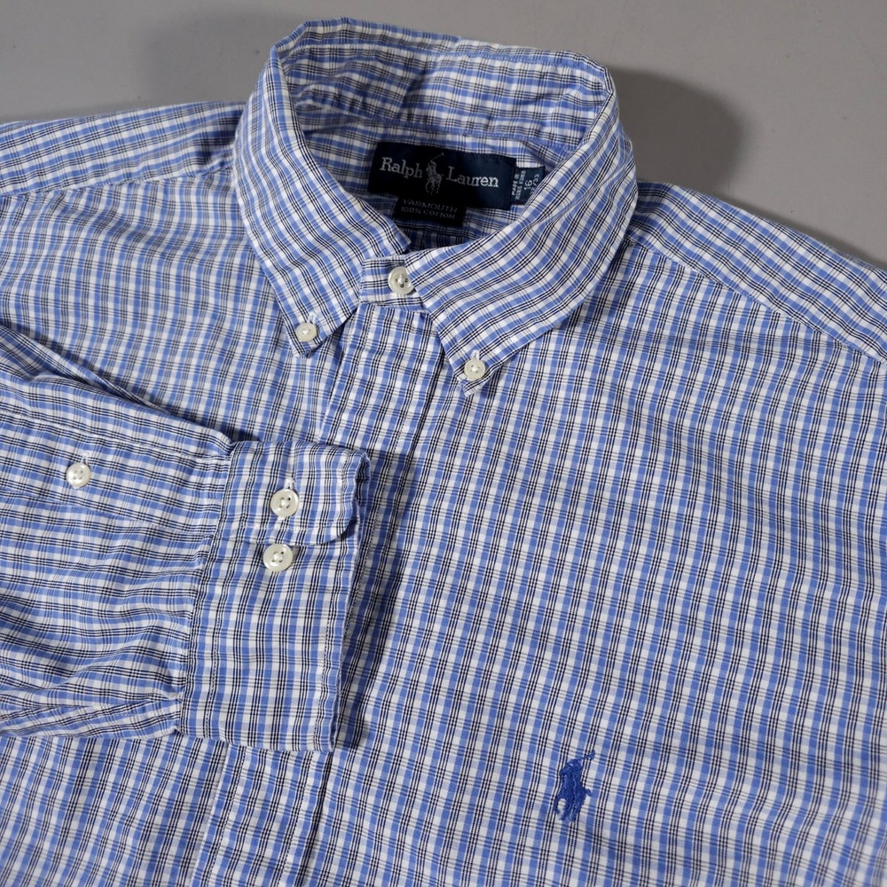 Ralph Lauren‎ Button Down Mens 16 32/33 Blue Plaid Yarmouth 100% Cotton Shirt
